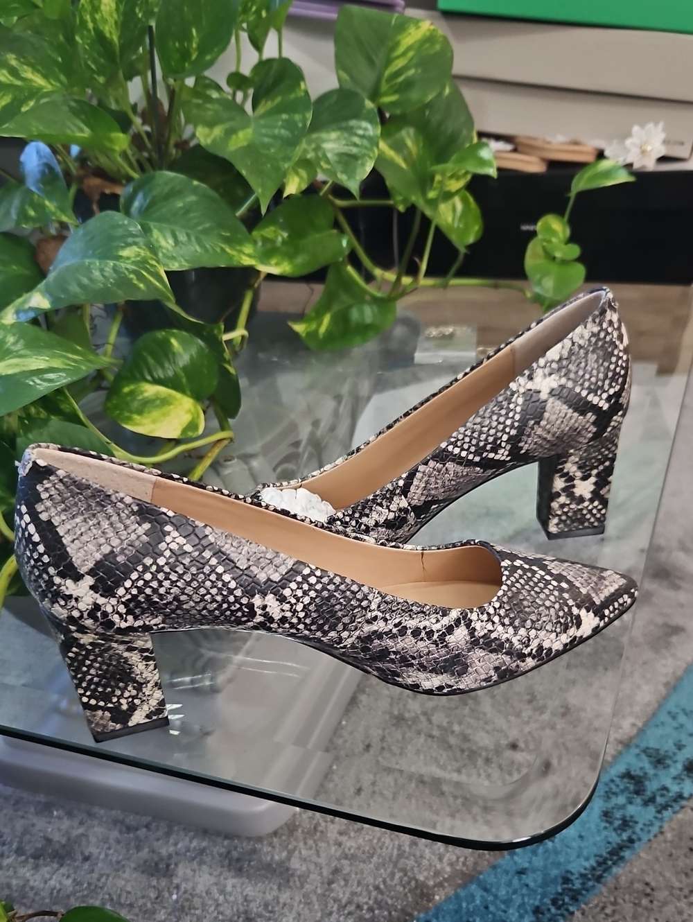 Franco Sarto Snake-Print Block Heel Pump - Black & White
